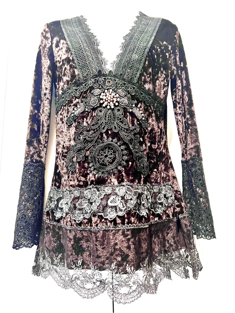 Passion Concept-Deep Purple/Black Beaded Velvet Lace V-Neck Tunic Blouse-Long Sl